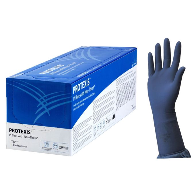 Box of disposable gloves with one glove displayed to the side.