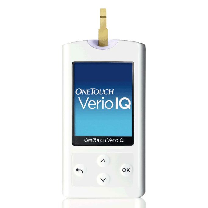 Blood glucose meter with a digital display and a gold connector at the top.